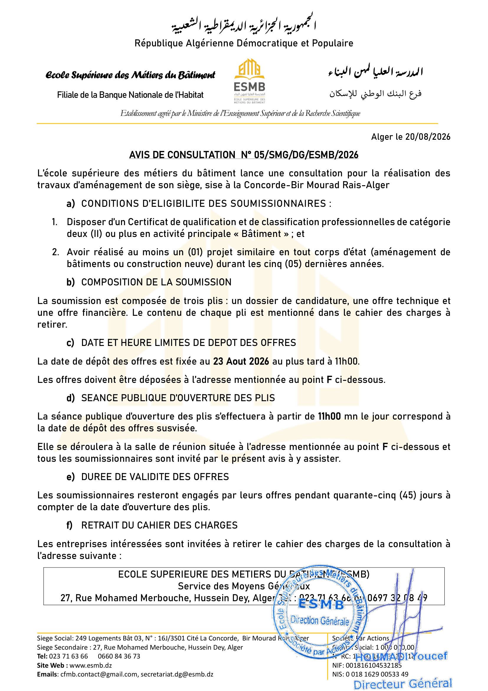 Avis de Consultation - Projet La Concorde ESMB2